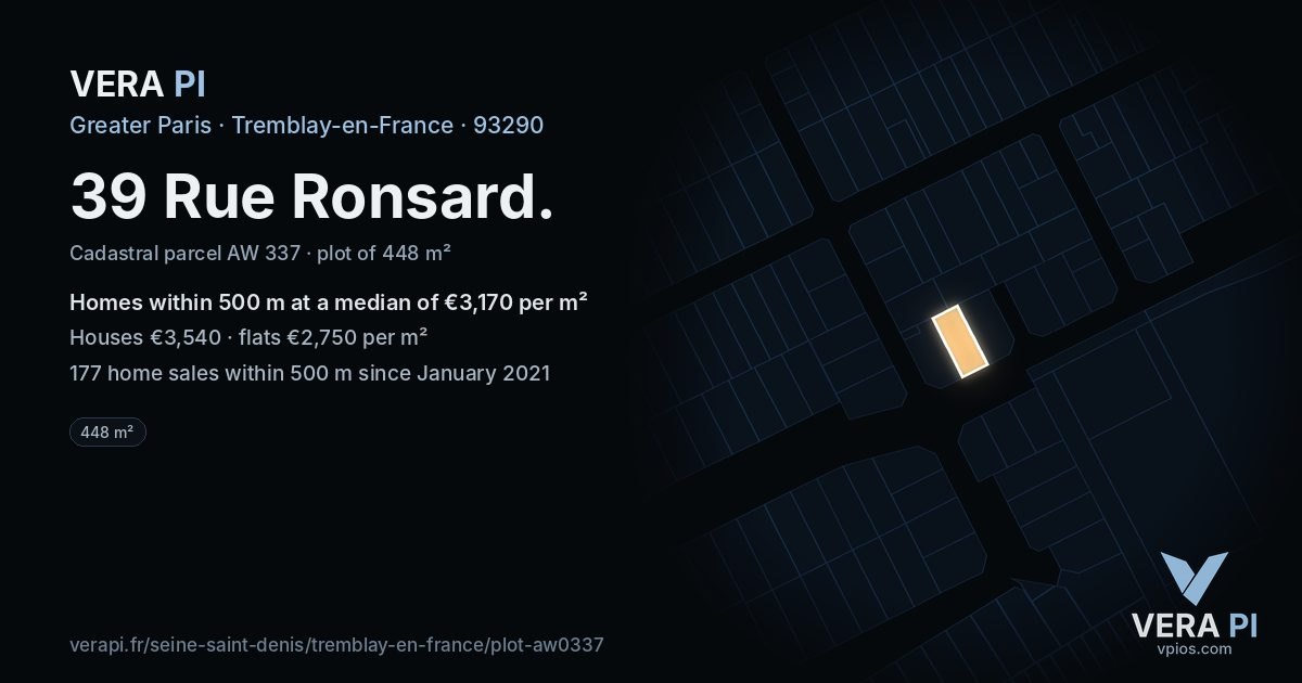 39 Rue Ronsard, Tremblay-en-France at night – the plot lit, the parcels around coloured by the prices near them