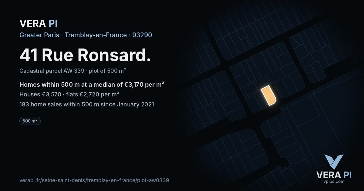 41 Rue Ronsard, Tremblay-en-France at night – the plot lit, the parcels around coloured by the prices near them