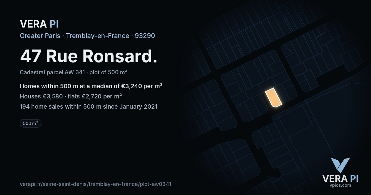 47 Rue Ronsard, Tremblay-en-France at night – the plot lit, the parcels around coloured by the prices near them