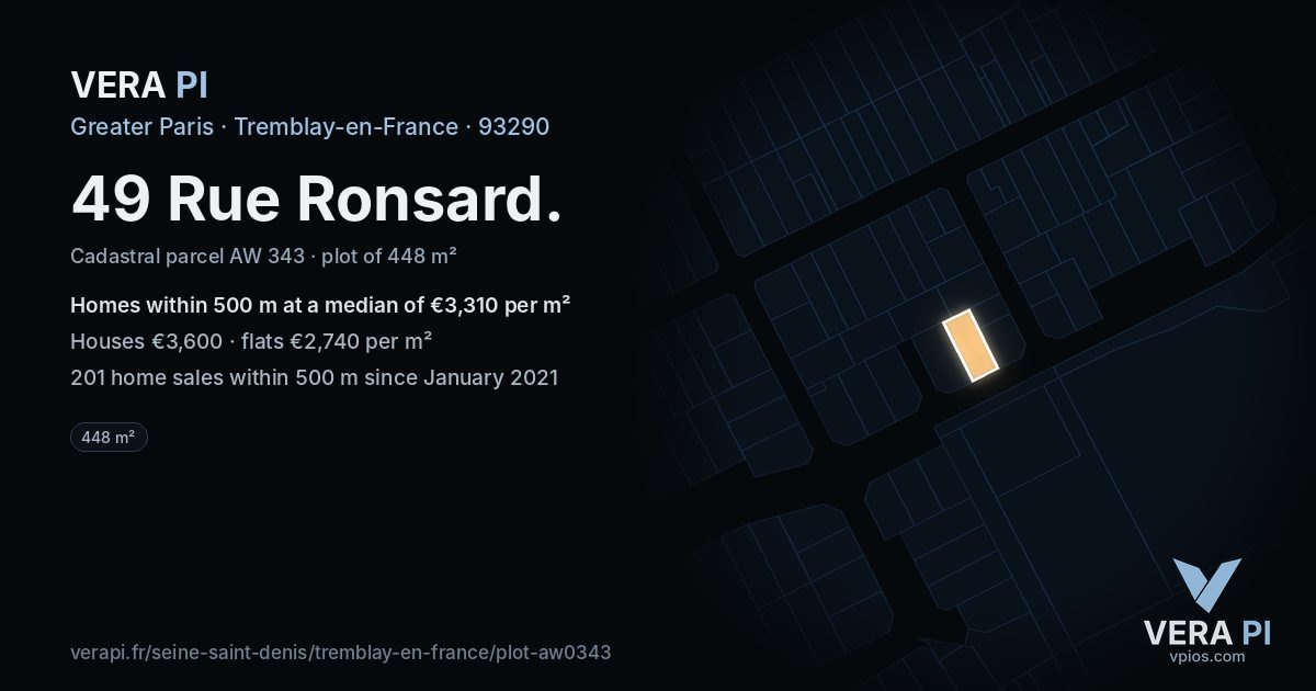 49 Rue Ronsard, Tremblay-en-France at night – the plot lit, the parcels around coloured by the prices near them