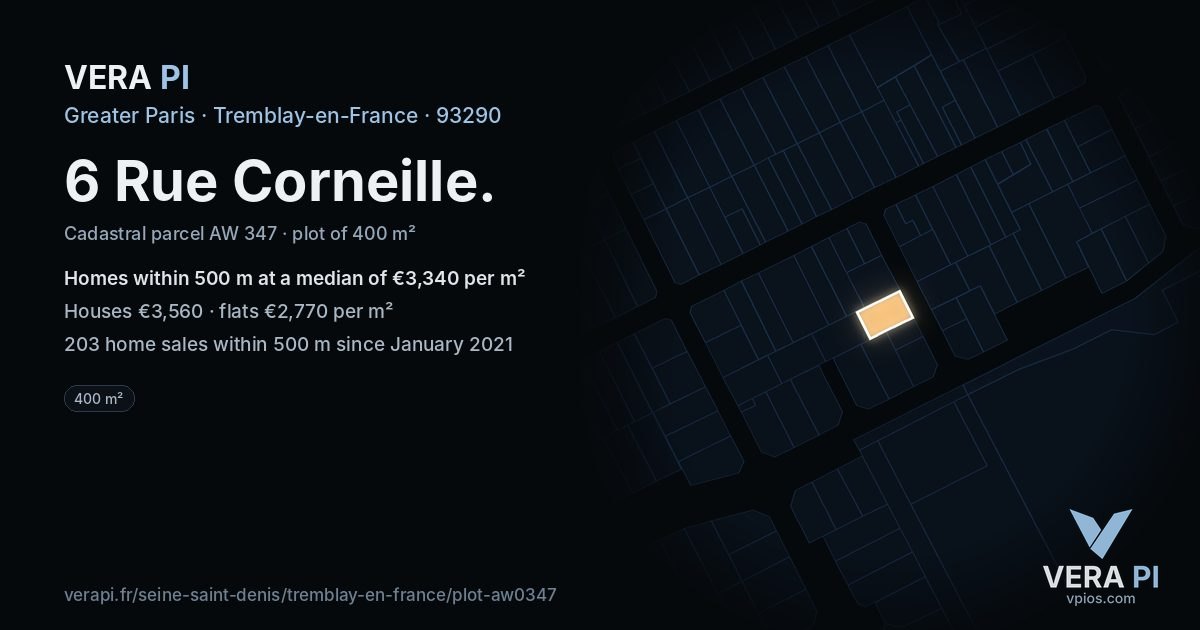 6 Rue Corneille, Tremblay-en-France at night – the plot lit, the parcels around coloured by the prices near them