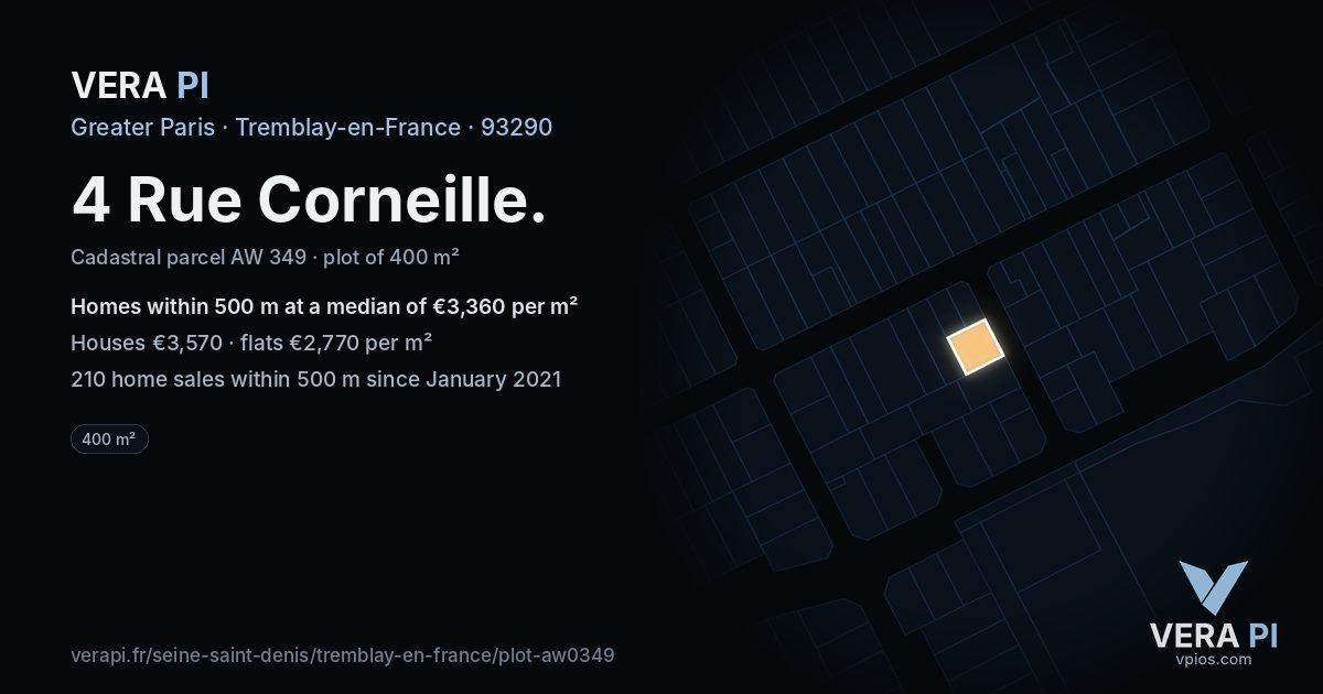 4 Rue Corneille, Tremblay-en-France at night – the plot lit, the parcels around coloured by the prices near them