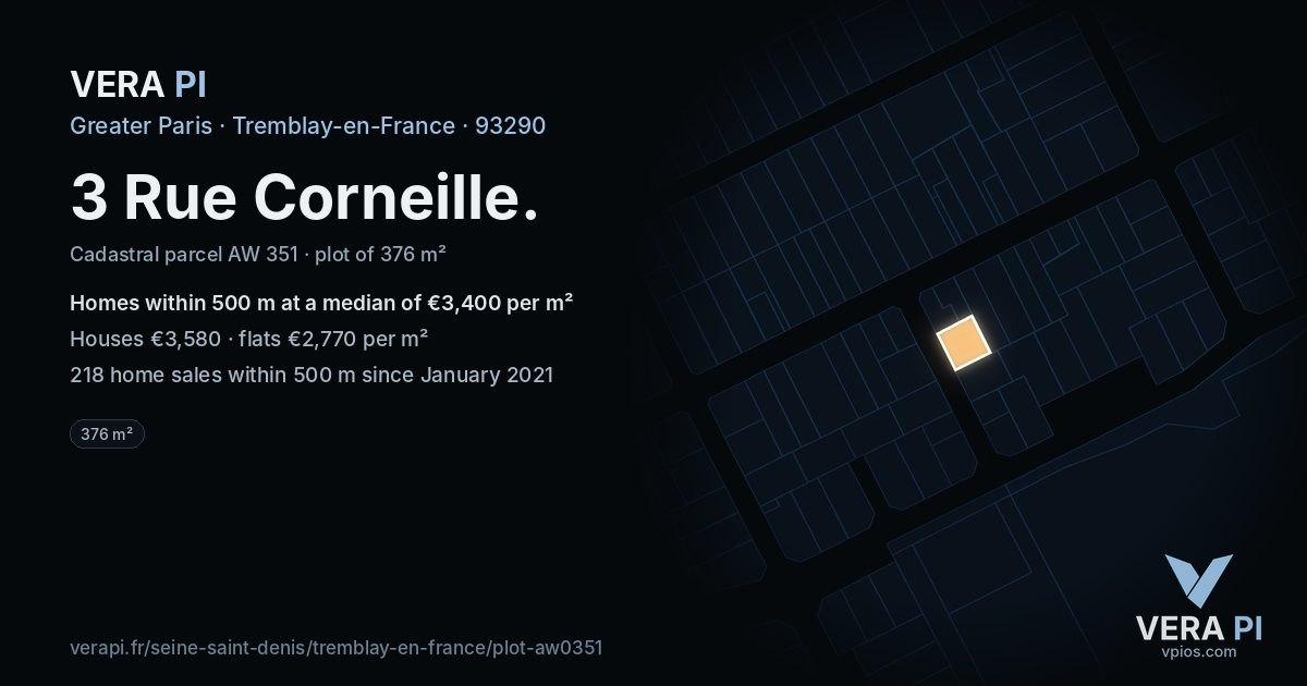 3 Rue Corneille, Tremblay-en-France at night – the plot lit, the parcels around coloured by the prices near them