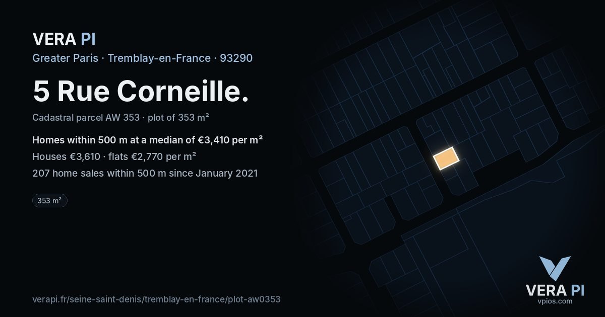 5 Rue Corneille, Tremblay-en-France at night – the plot lit, the parcels around coloured by the prices near them