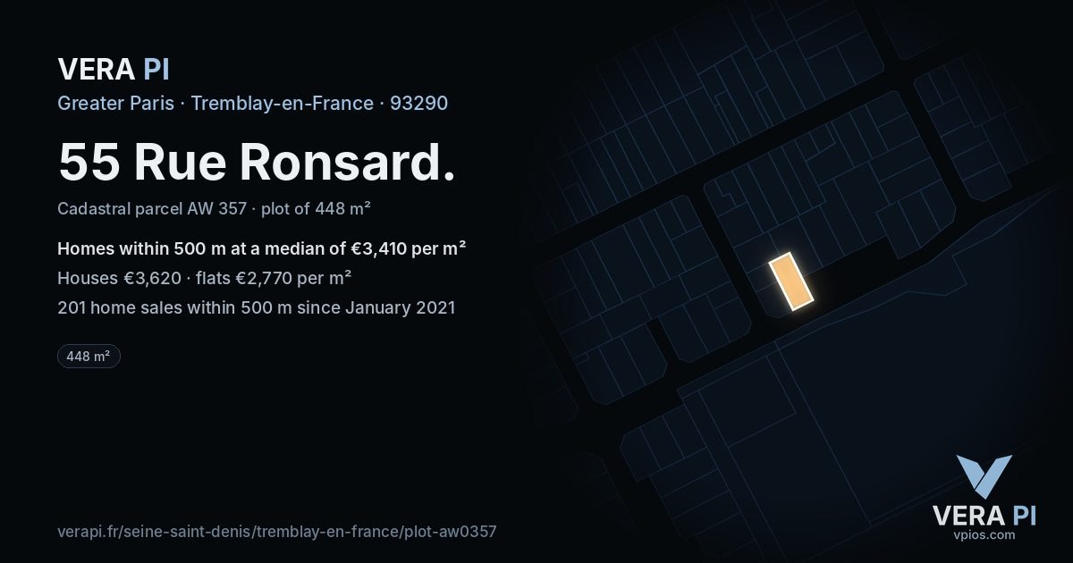 55 Rue Ronsard, Tremblay-en-France at night – the plot lit, the parcels around coloured by the prices near them