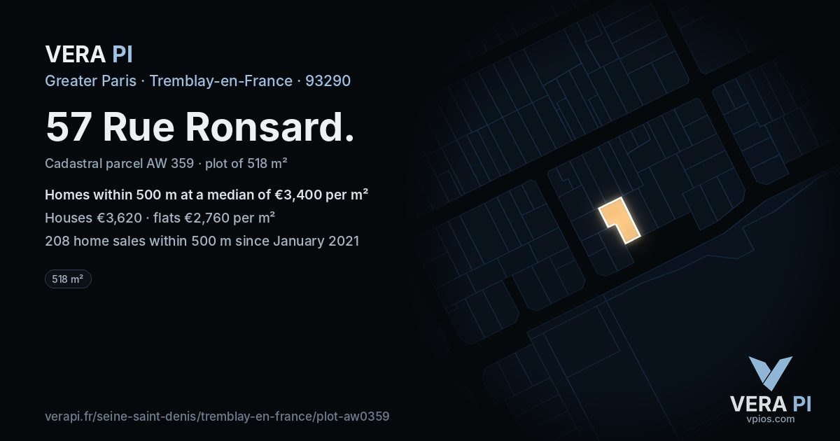 57 Rue Ronsard, Tremblay-en-France at night – the plot lit, the parcels around coloured by the prices near them