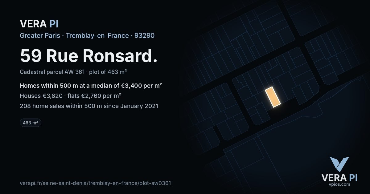 59 Rue Ronsard, Tremblay-en-France at night – the plot lit, the parcels around coloured by the prices near them