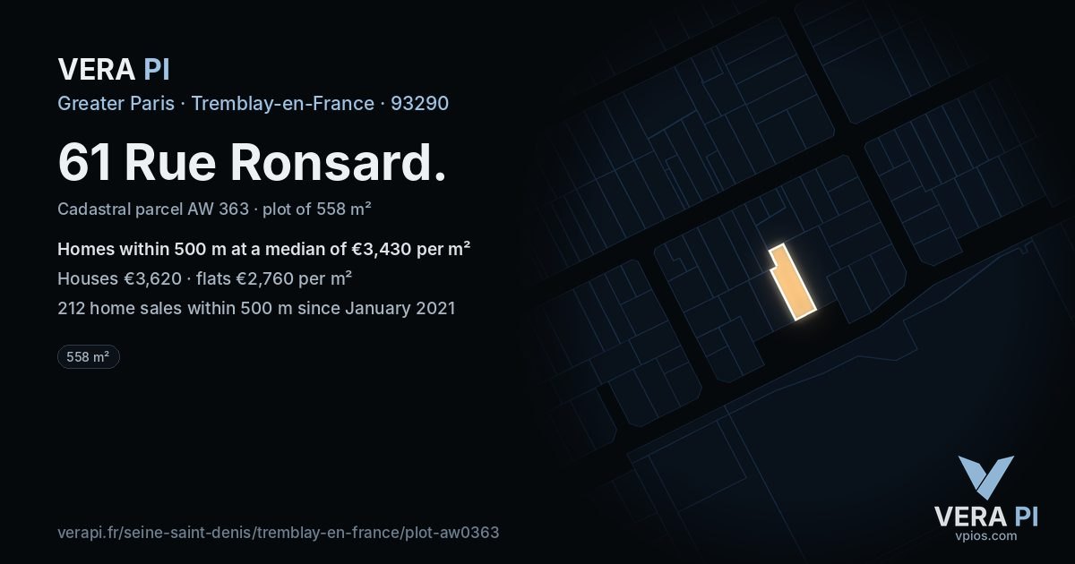 61 Rue Ronsard, Tremblay-en-France at night – the plot lit, the parcels around coloured by the prices near them