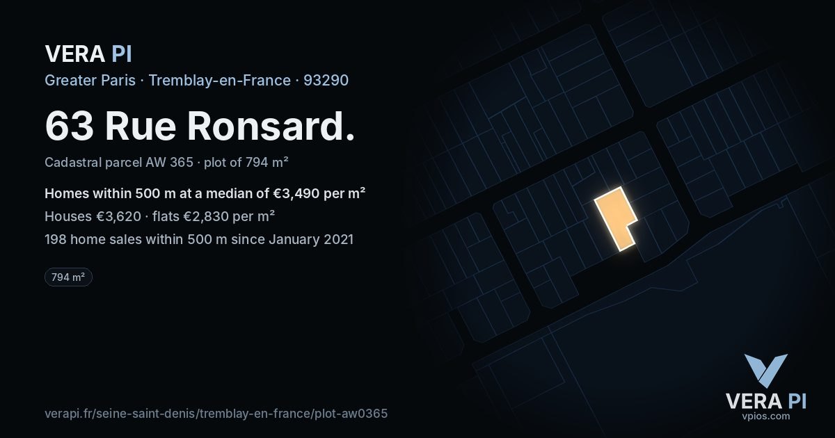 63 Rue Ronsard, Tremblay-en-France at night – the plot lit, the parcels around coloured by the prices near them