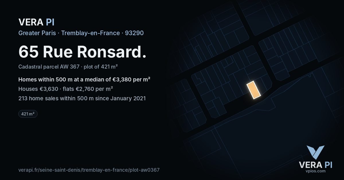 65 Rue Ronsard, Tremblay-en-France at night – the plot lit, the parcels around coloured by the prices near them