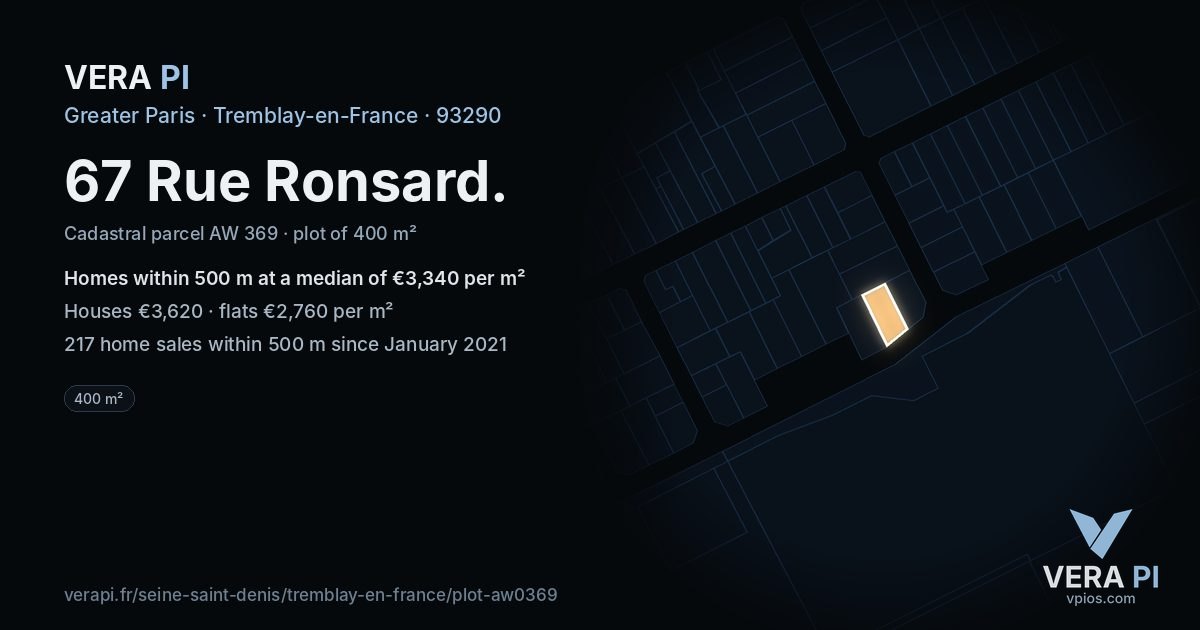 67 Rue Ronsard, Tremblay-en-France at night – the plot lit, the parcels around coloured by the prices near them