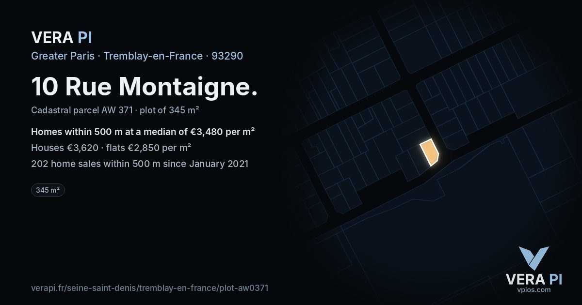 10 Rue Montaigne, Tremblay-en-France at night – the plot lit, the parcels around coloured by the prices near them