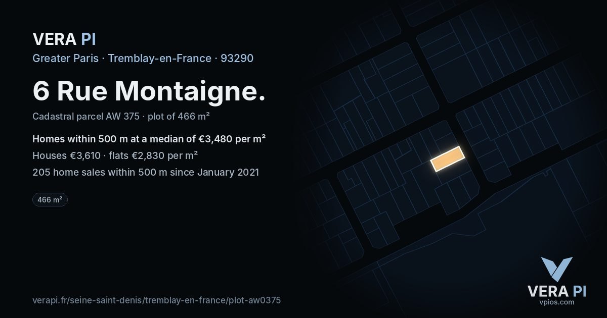 6 Rue Montaigne, Tremblay-en-France at night – the plot lit, the parcels around coloured by the prices near them