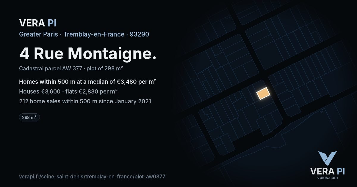 4 Rue Montaigne, Tremblay-en-France at night – the plot lit, the parcels around coloured by the prices near them