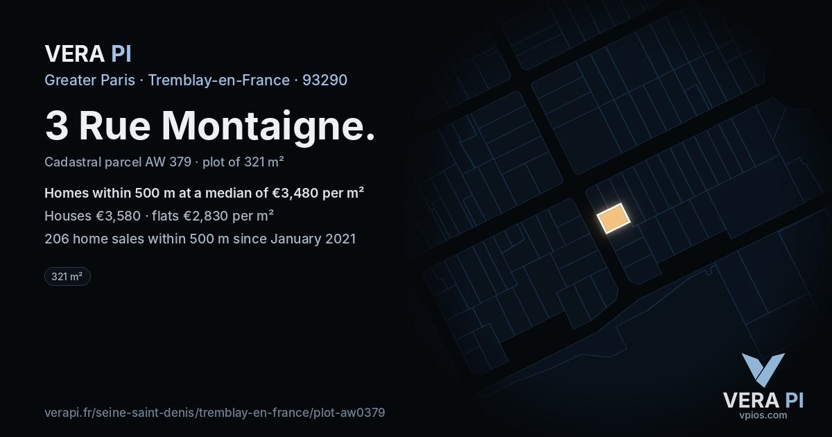 3 Rue Montaigne, Tremblay-en-France at night – the plot lit, the parcels around coloured by the prices near them