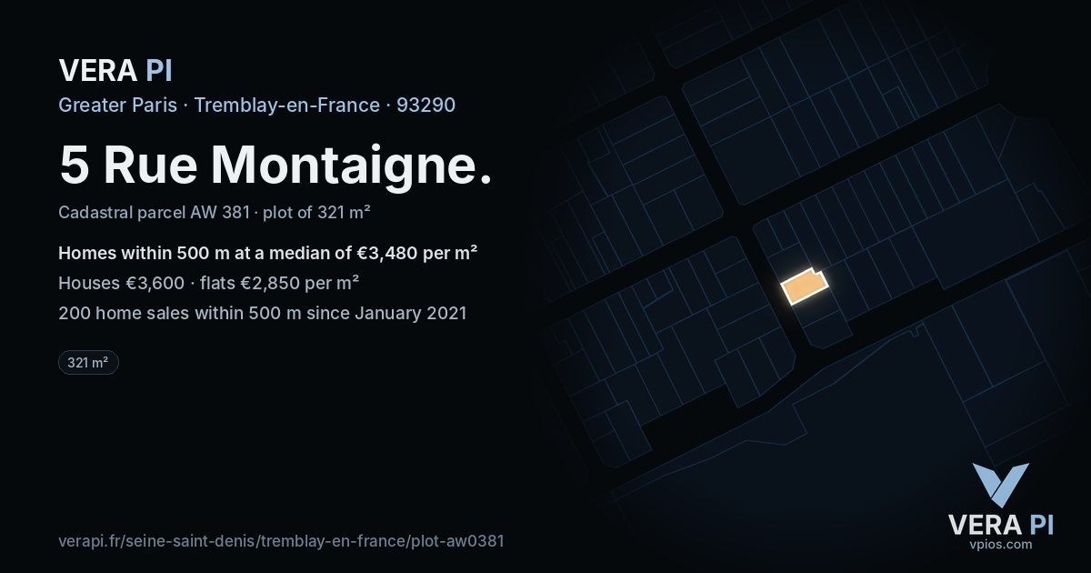 5 Rue Montaigne, Tremblay-en-France at night – the plot lit, the parcels around coloured by the prices near them