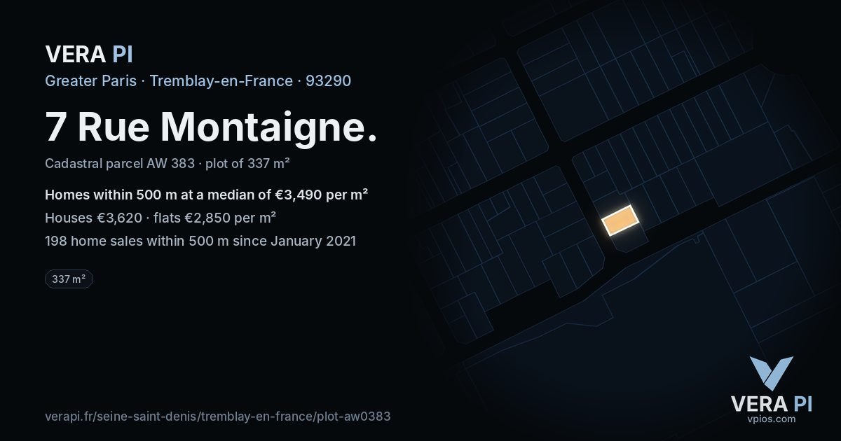 7 Rue Montaigne, Tremblay-en-France at night – the plot lit, the parcels around coloured by the prices near them