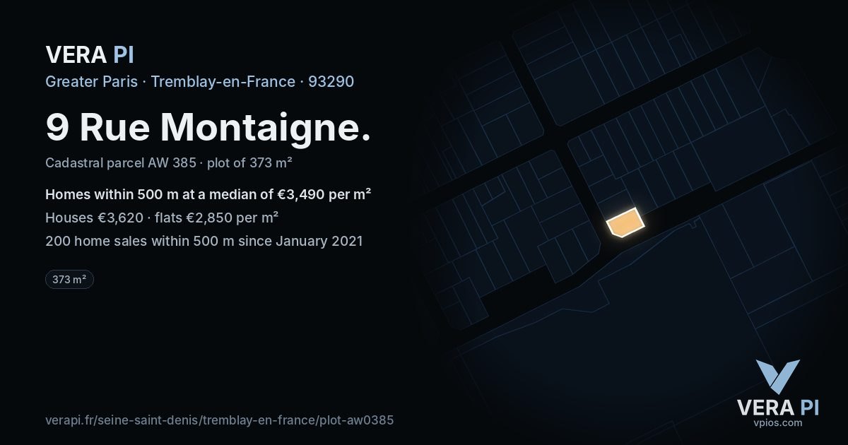 9 Rue Montaigne, Tremblay-en-France at night – the plot lit, the parcels around coloured by the prices near them