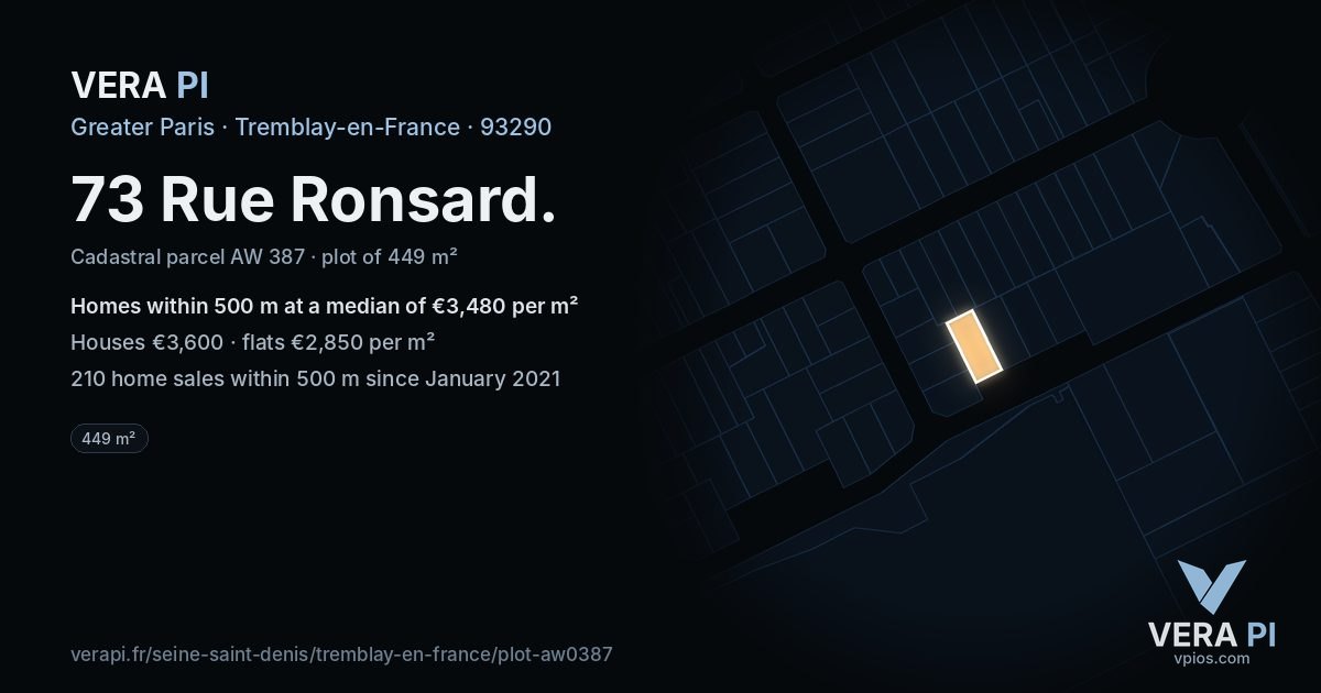 73 Rue Ronsard, Tremblay-en-France at night – the plot lit, the parcels around coloured by the prices near them