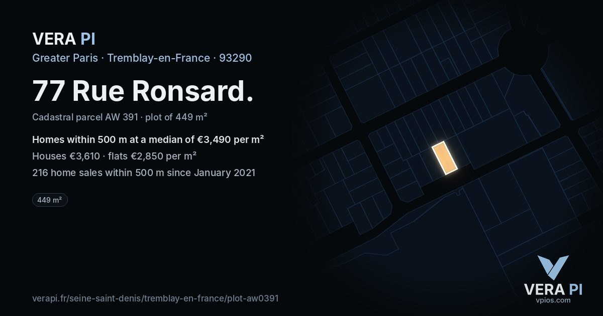 77 Rue Ronsard, Tremblay-en-France at night – the plot lit, the parcels around coloured by the prices near them