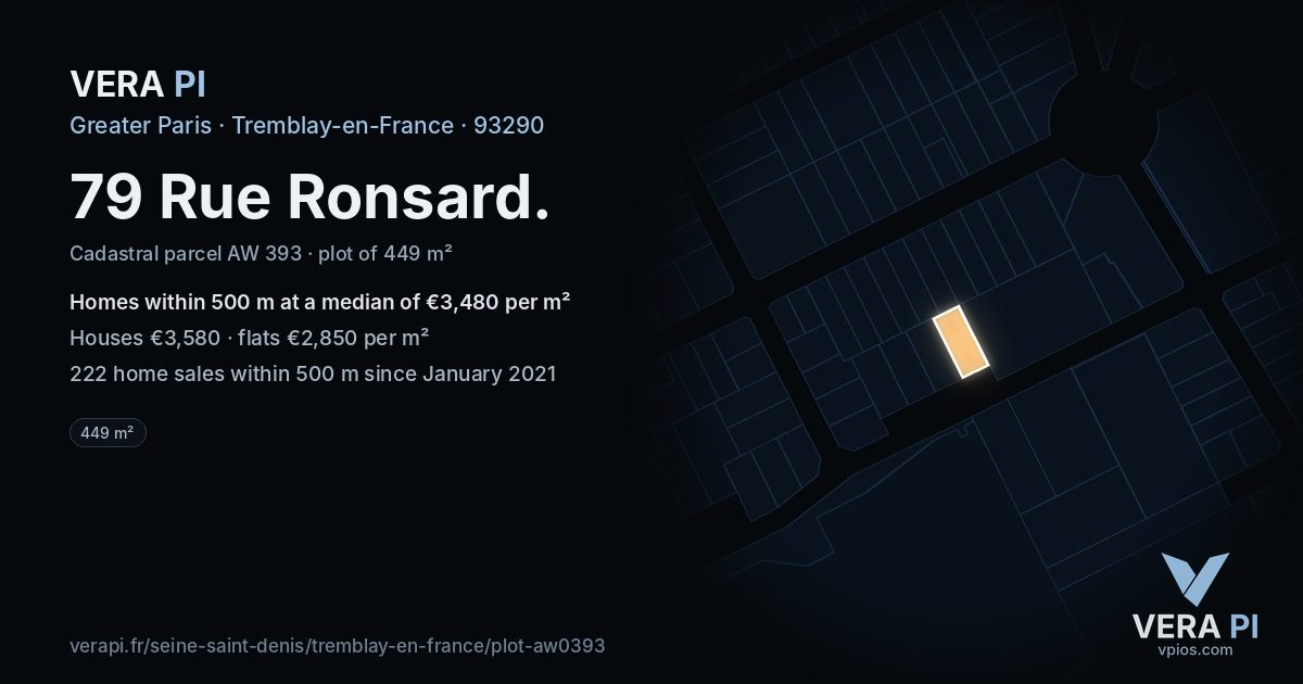 79 Rue Ronsard, Tremblay-en-France at night – the plot lit, the parcels around coloured by the prices near them