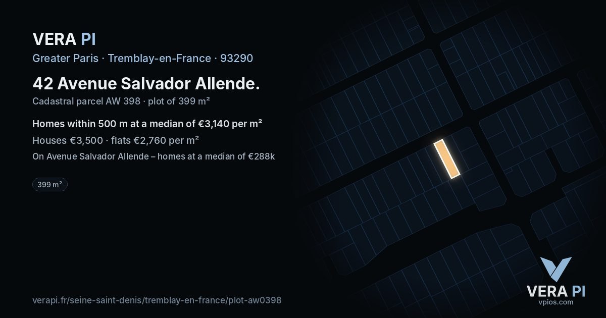 42 Avenue Salvador Allende, Tremblay-en-France at night – the plot lit, the parcels around coloured by the prices near them