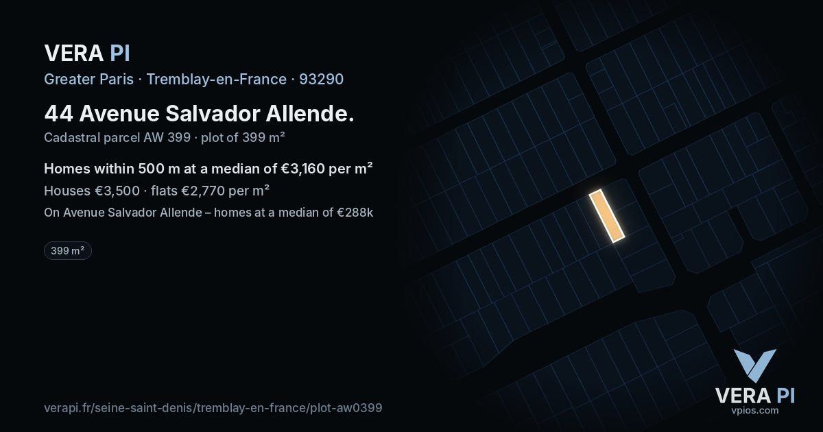 44 Avenue Salvador Allende, Tremblay-en-France at night – the plot lit, the parcels around coloured by the prices near them
