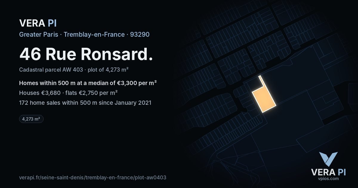 46 Rue Ronsard, Tremblay-en-France at night – the plot lit, the parcels around coloured by the prices near them