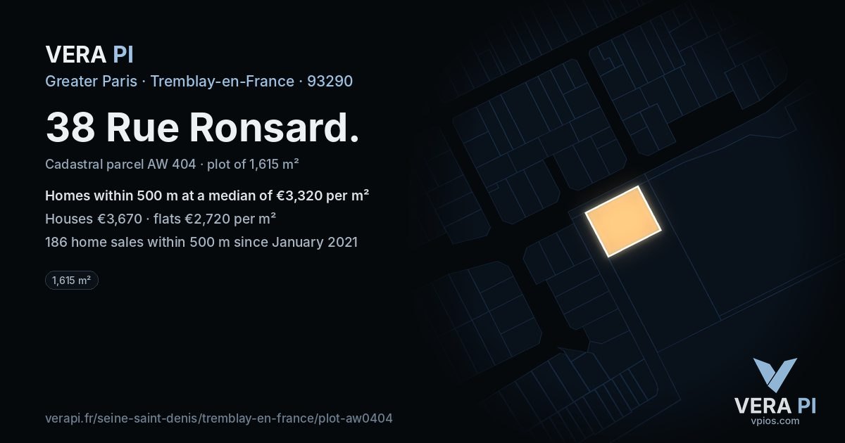 38 Rue Ronsard, Tremblay-en-France at night – the plot lit, the parcels around coloured by the prices near them
