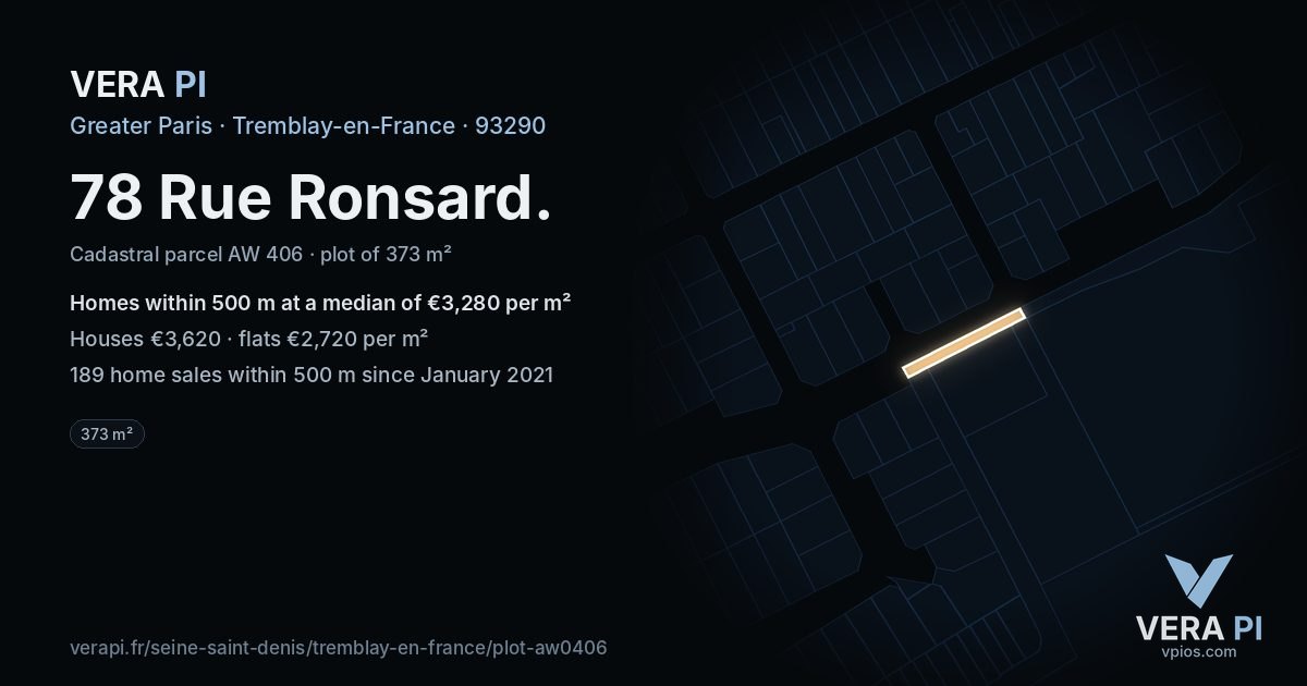 78 Rue Ronsard, Tremblay-en-France at night – the plot lit, the parcels around coloured by the prices near them
