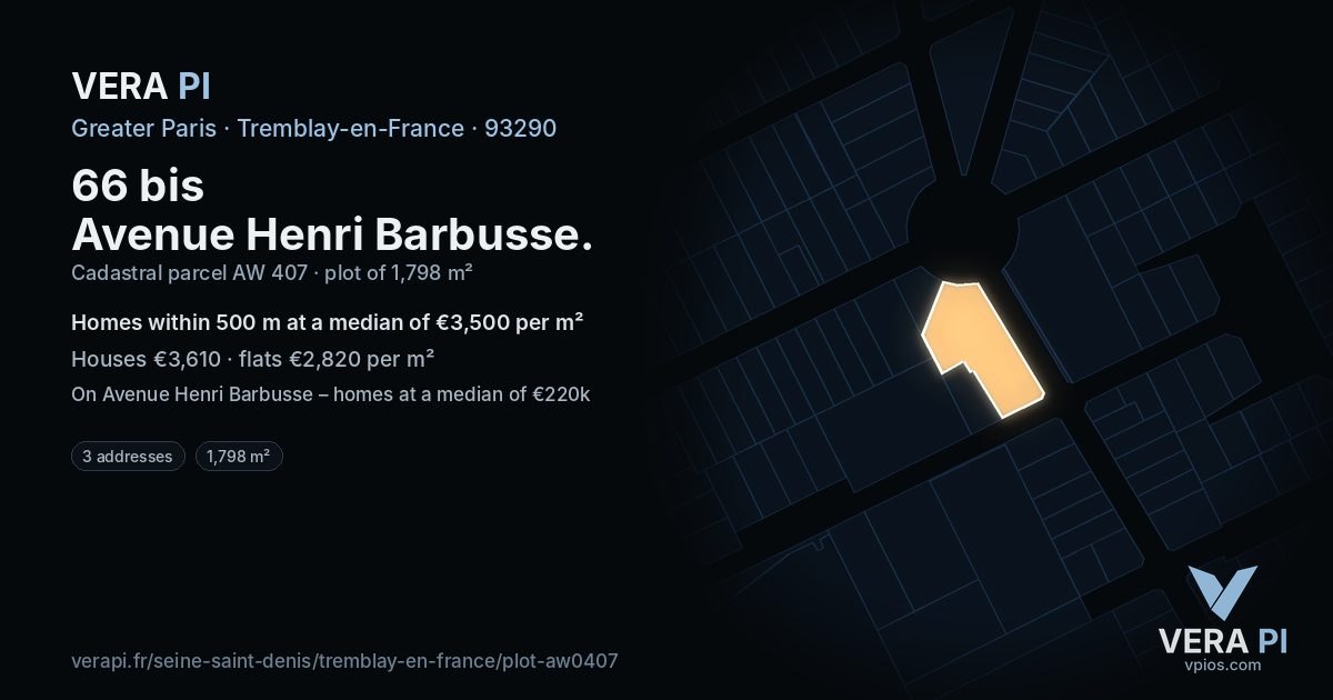 66 bis Avenue Henri Barbusse, Tremblay-en-France at night – the plot lit, the parcels around coloured by the prices near them