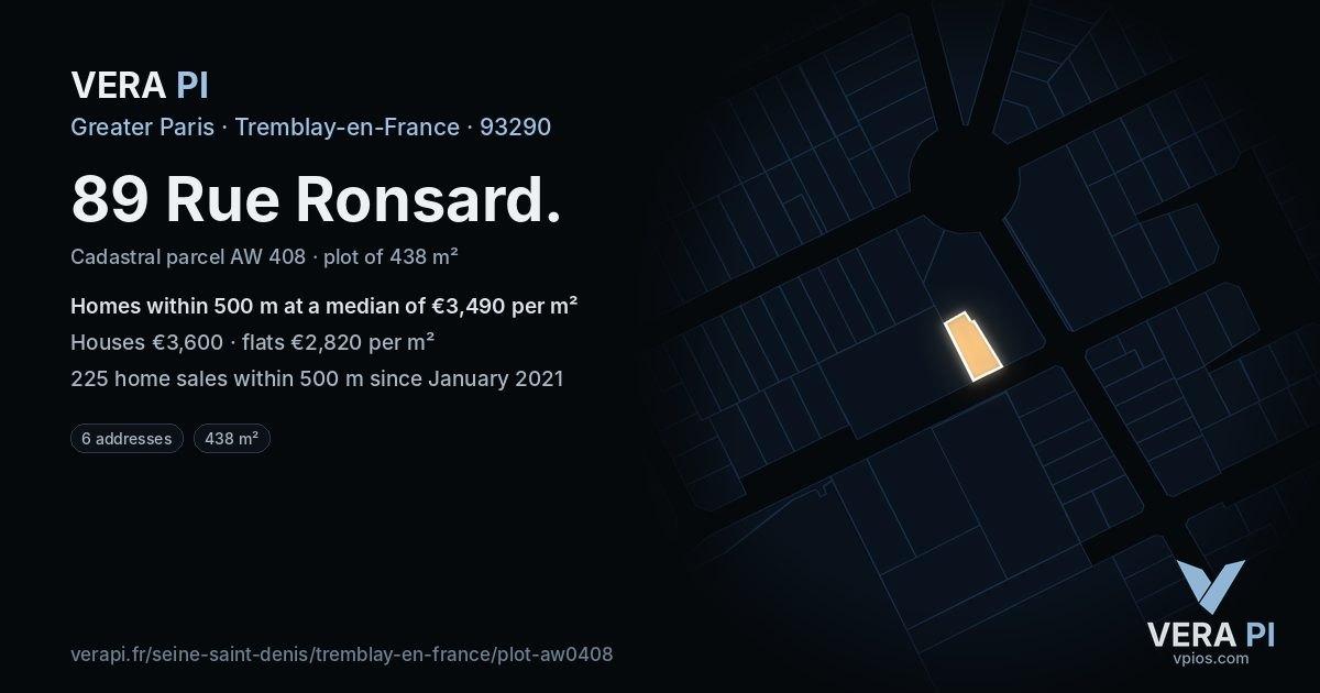 89 Rue Ronsard, Tremblay-en-France at night – the plot lit, the parcels around coloured by the prices near them