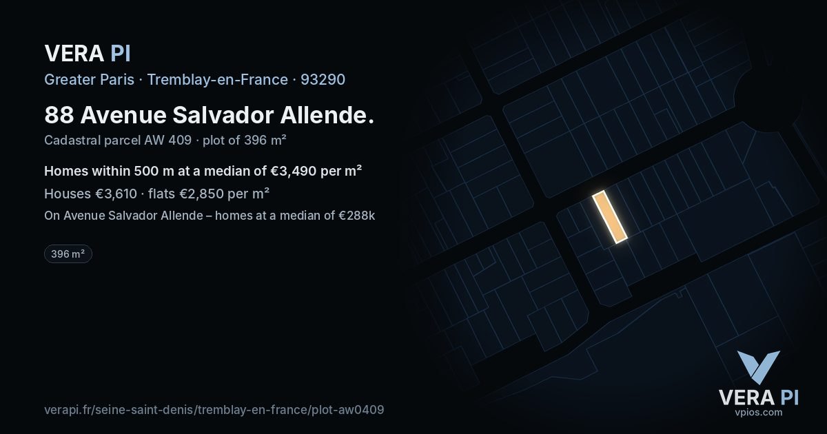 88 Avenue Salvador Allende, Tremblay-en-France at night – the plot lit, the parcels around coloured by the prices near them