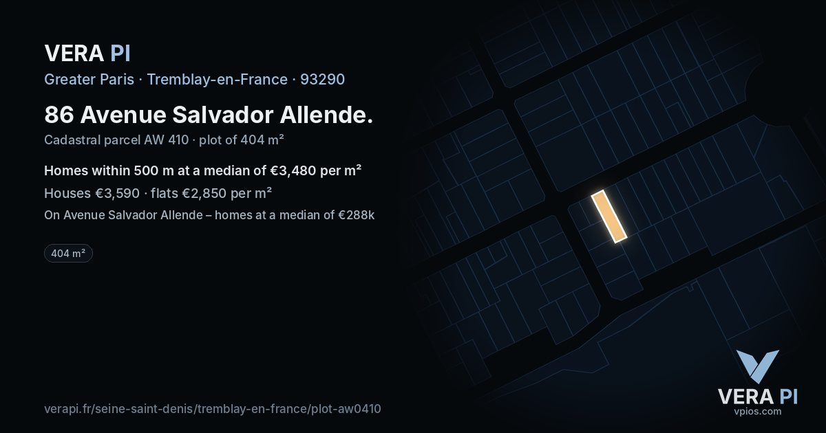 86 Avenue Salvador Allende, Tremblay-en-France at night – the plot lit, the parcels around coloured by the prices near them