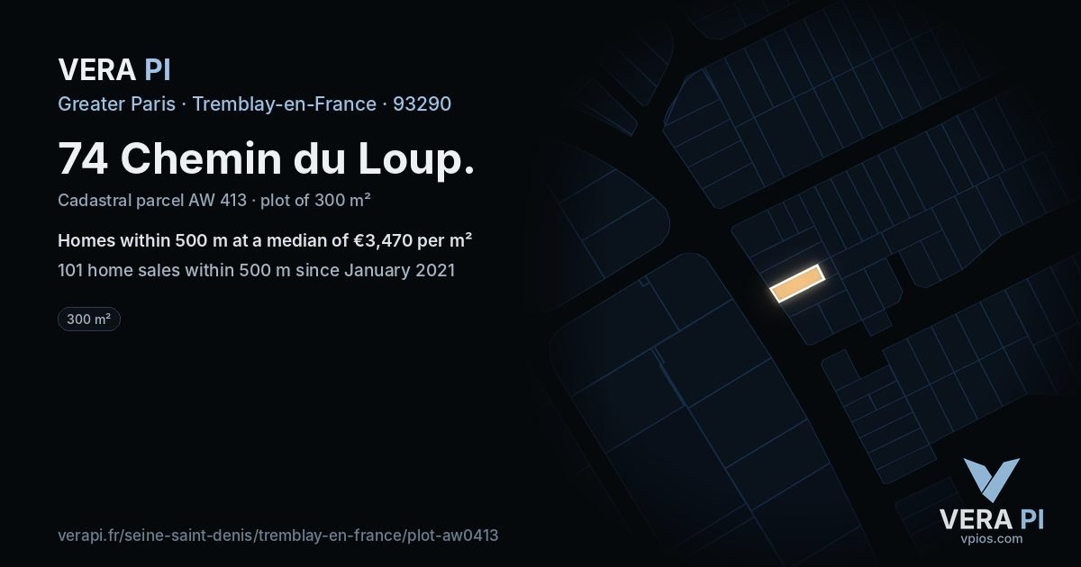 74 Chemin du Loup, Tremblay-en-France at night – the plot lit, the parcels around coloured by the prices near them