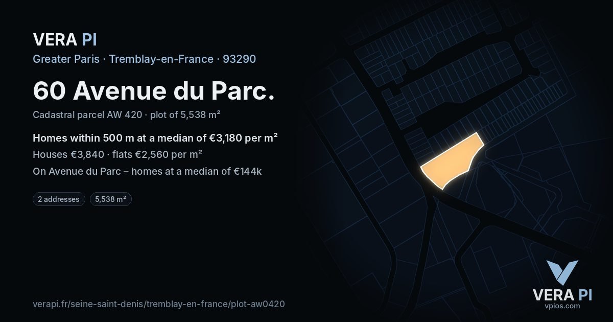 60 Avenue du Parc, Tremblay-en-France at night – the plot lit, the parcels around coloured by the prices near them