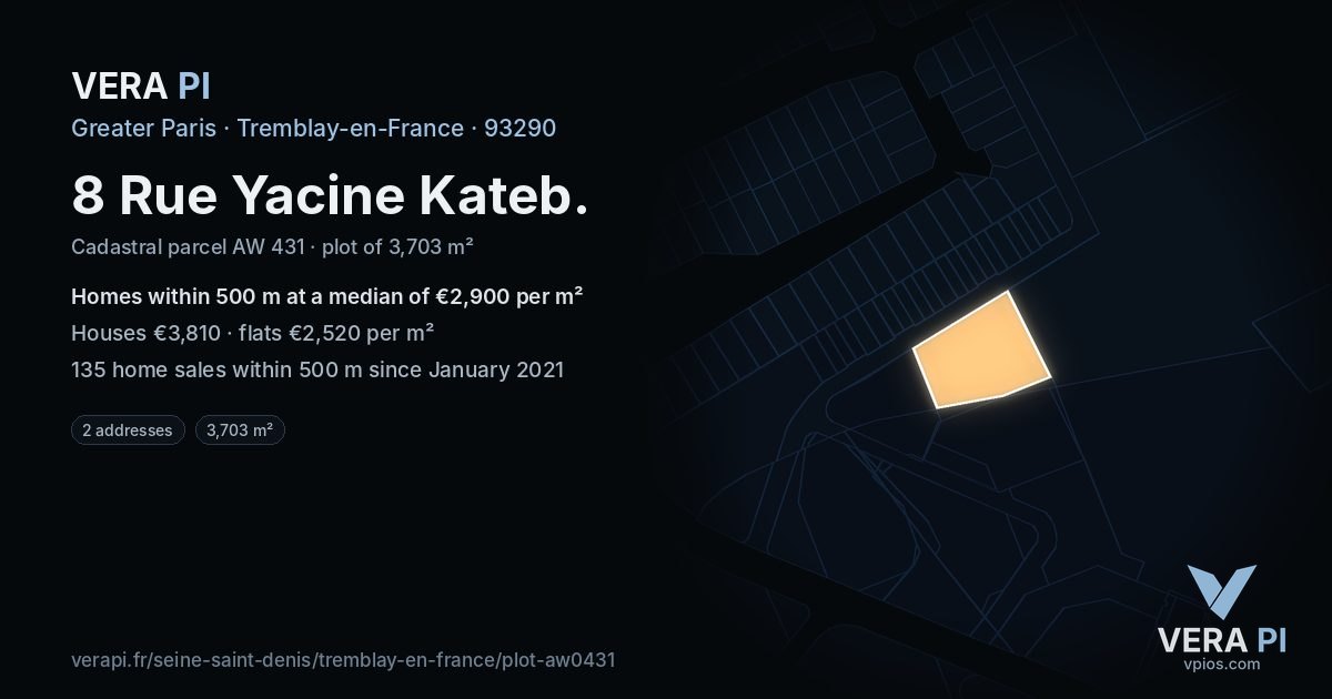8 Rue Yacine Kateb, Tremblay-en-France at night – the plot lit, the parcels around coloured by the prices near them