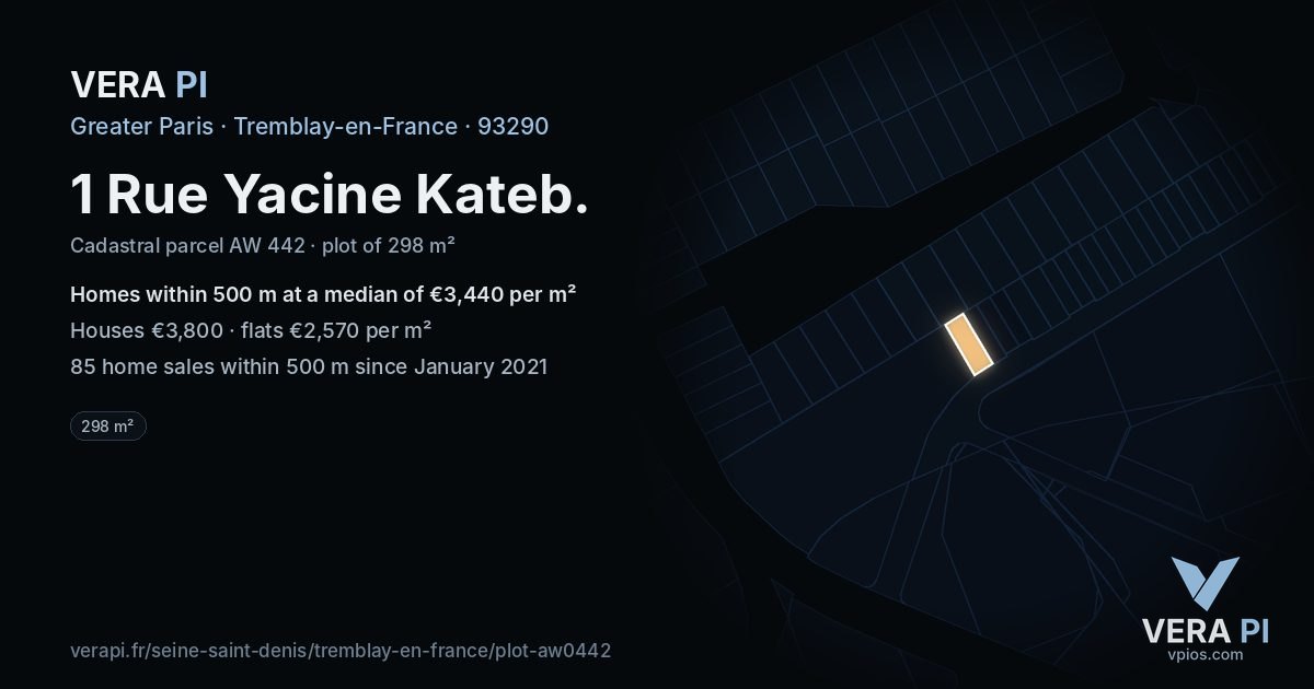1 Rue Yacine Kateb, Tremblay-en-France at night – the plot lit, the parcels around coloured by the prices near them