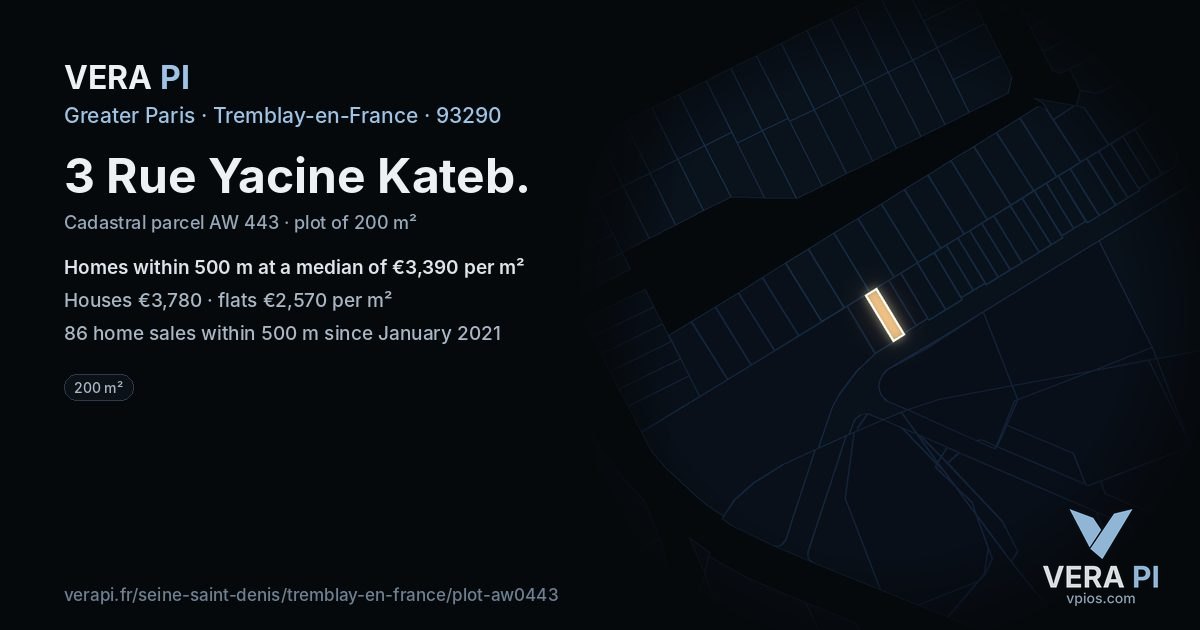 3 Rue Yacine Kateb, Tremblay-en-France at night – the plot lit, the parcels around coloured by the prices near them
