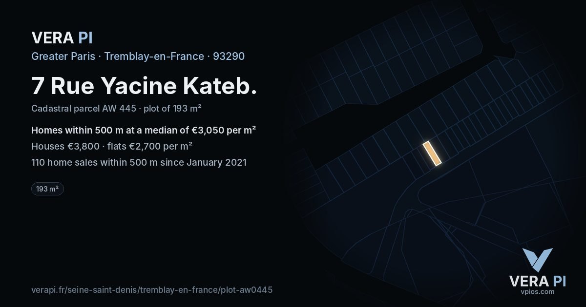 7 Rue Yacine Kateb, Tremblay-en-France at night – the plot lit, the parcels around coloured by the prices near them