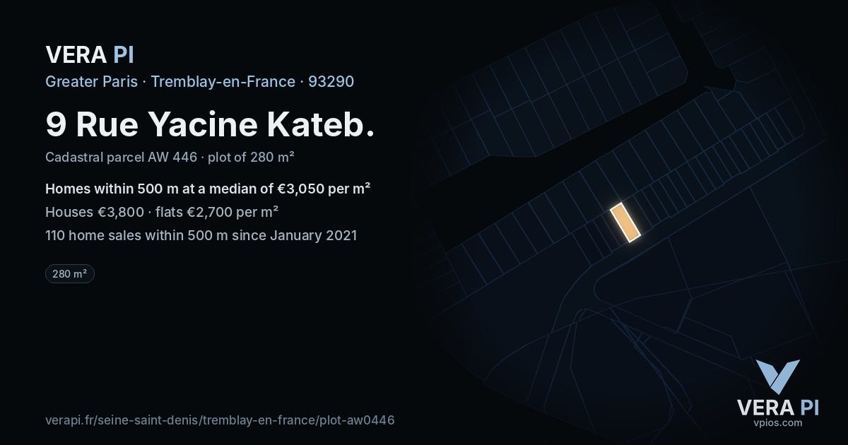 9 Rue Yacine Kateb, Tremblay-en-France at night – the plot lit, the parcels around coloured by the prices near them