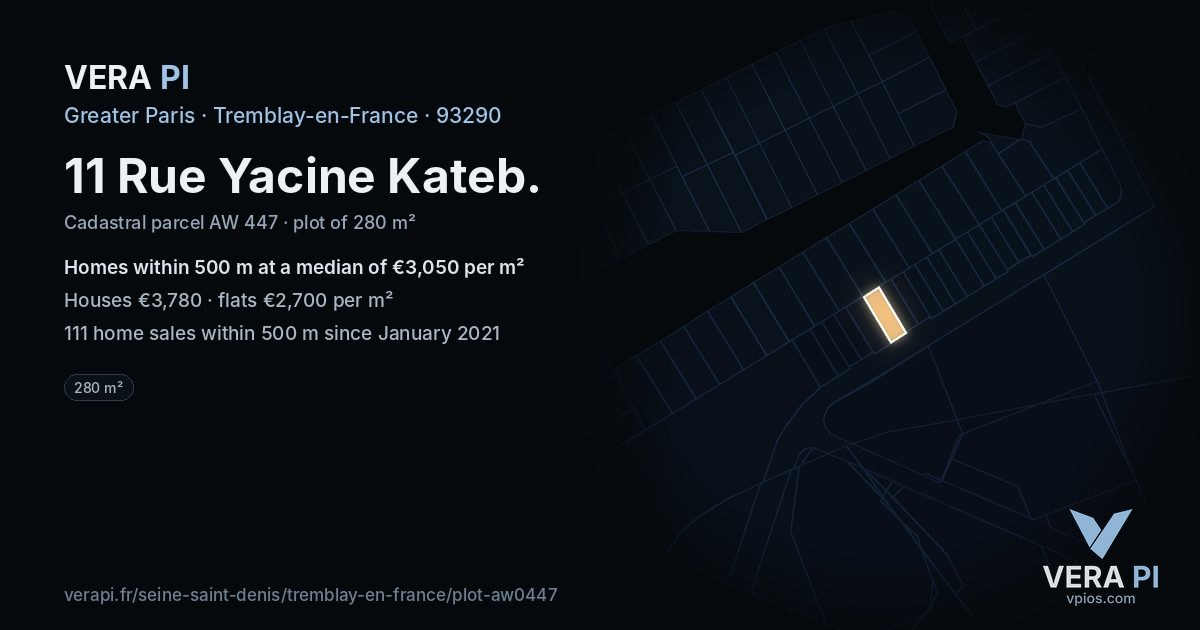 11 Rue Yacine Kateb, Tremblay-en-France at night – the plot lit, the parcels around coloured by the prices near them
