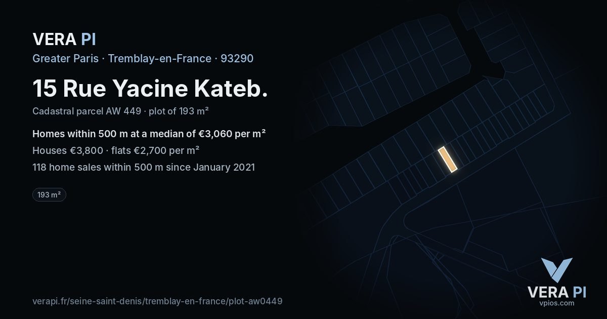 15 Rue Yacine Kateb, Tremblay-en-France at night – the plot lit, the parcels around coloured by the prices near them