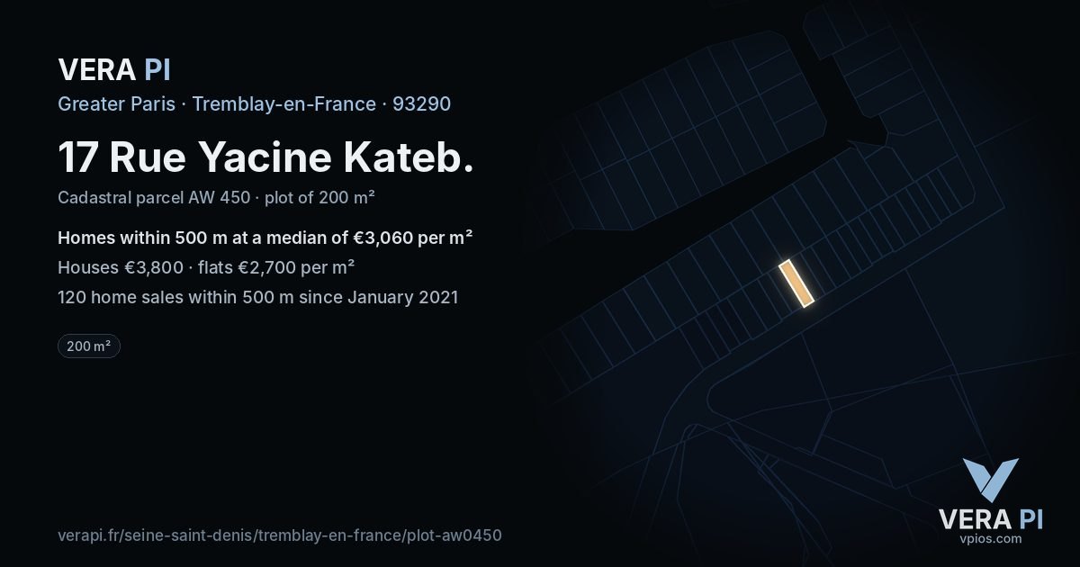 17 Rue Yacine Kateb, Tremblay-en-France at night – the plot lit, the parcels around coloured by the prices near them