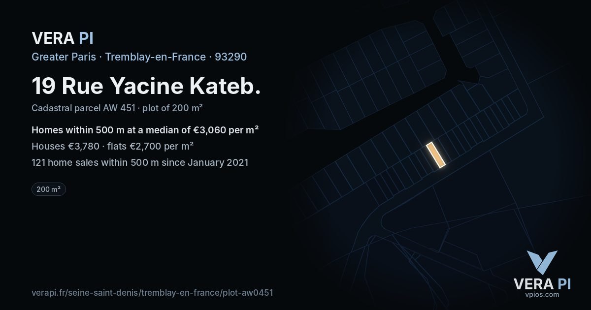 19 Rue Yacine Kateb, Tremblay-en-France at night – the plot lit, the parcels around coloured by the prices near them