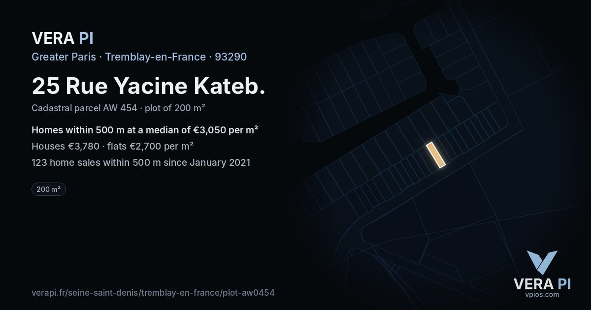 25 Rue Yacine Kateb, Tremblay-en-France at night – the plot lit, the parcels around coloured by the prices near them