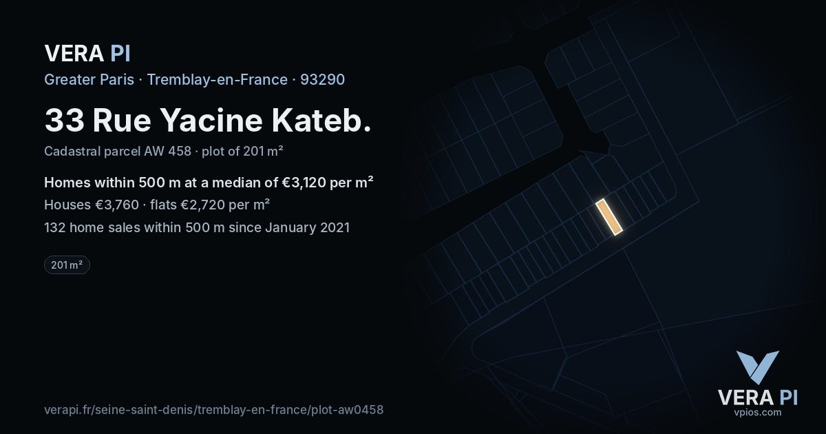 33 Rue Yacine Kateb, Tremblay-en-France at night – the plot lit, the parcels around coloured by the prices near them