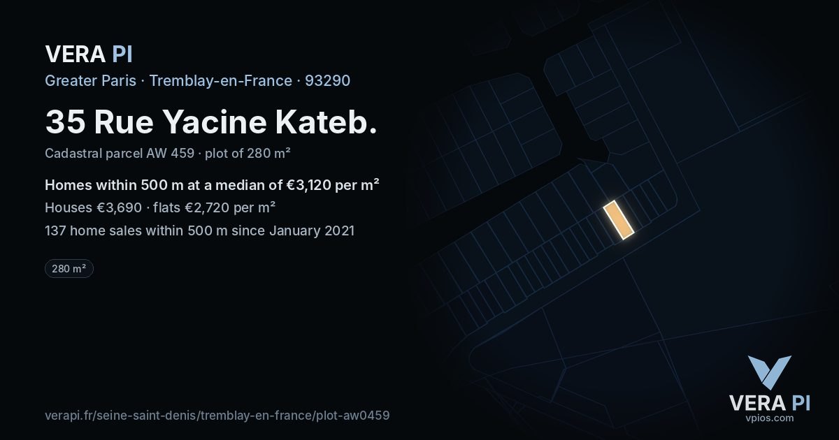 35 Rue Yacine Kateb, Tremblay-en-France at night – the plot lit, the parcels around coloured by the prices near them