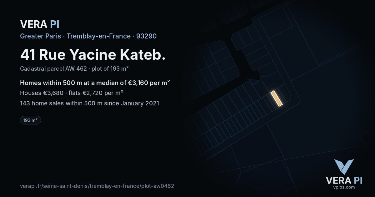 41 Rue Yacine Kateb, Tremblay-en-France at night – the plot lit, the parcels around coloured by the prices near them