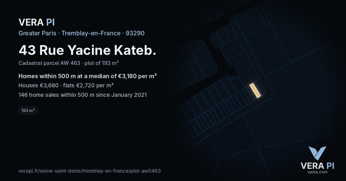 43 Rue Yacine Kateb, Tremblay-en-France at night – the plot lit, the parcels around coloured by the prices near them